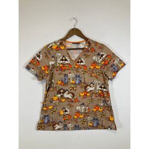 Cherokee Scrub Top Womens XL Tan Thanksgiving Autumn Turkey Pumpkin Mock Wrap